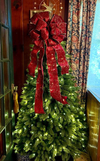 The Vixen Burgundy & Gold Christmas Tree Topper Bow, Long streamer bow for tree, burgandy velvet christmas tree bow, XL luxury bow for tree