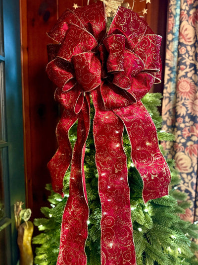The Vixen Burgundy & Gold Christmas Tree Topper Bow, Long streamer bow for tree, burgandy velvet christmas tree bow, XL luxury bow for tree