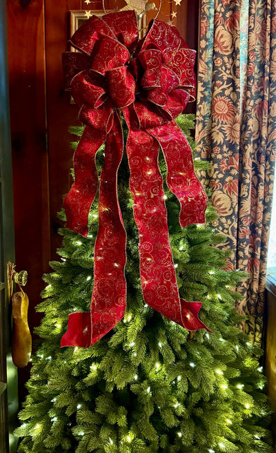 The Vixen Burgundy & Gold Christmas Tree Topper Bow, Long streamer bow for tree, burgandy velvet christmas tree bow, XL luxury bow for tree