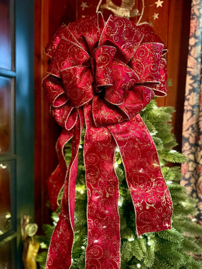 The Vixen Burgundy & Gold Christmas Tree Topper Bow, Long streamer bow for tree, burgandy velvet christmas tree bow, XL luxury bow for tree