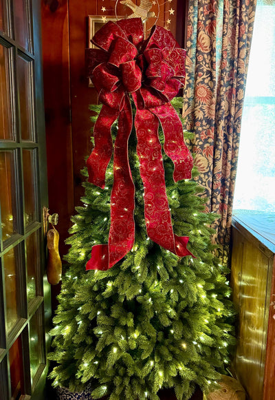 The Vixen Burgundy & Gold Christmas Tree Topper Bow, Long streamer bow for tree, burgandy velvet christmas tree bow, XL luxury bow for tree