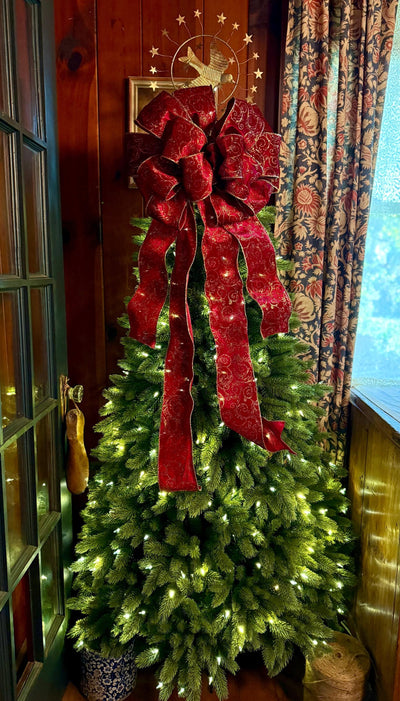 The Vixen Burgundy & Gold Christmas Tree Topper Bow, Long streamer bow for tree, burgandy velvet christmas tree bow, XL luxury bow for tree