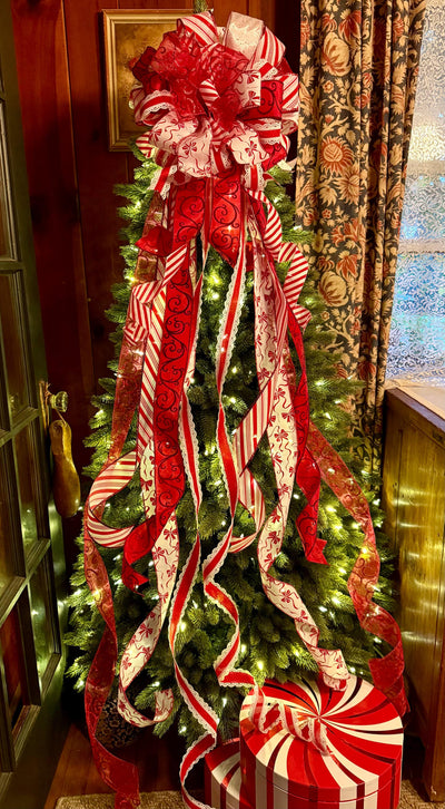 The Bess Red White Christmas Tree Topper Bow, XL Peppermint Bow, Long Streamer bow, candy cane bow, Christmas tree bow