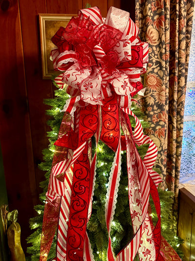 The Bess Red White Christmas Tree Topper Bow, XL Peppermint Bow, Long Streamer bow, candy cane bow, Christmas tree bow