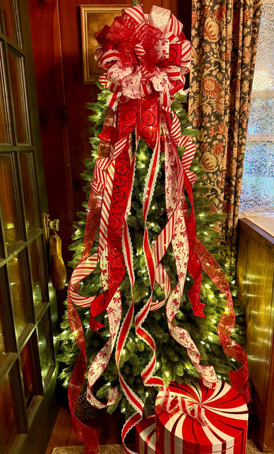 The Bess Red White Christmas Tree Topper Bow, XL Peppermint Bow, Long Streamer bow, candy cane bow, Christmas tree bow