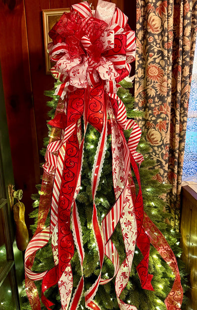 The Bess Red White Christmas Tree Topper Bow, XL Peppermint Bow, Long Streamer bow, candy cane bow, Christmas tree bow