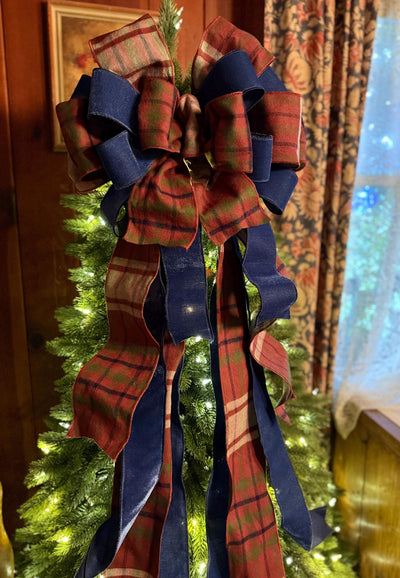 The Kieran Navy & Brown Tartan Plaid Christmas Tree Topper Bow, XL traditional christmas bow, oversize bow with long streamers, Lodge Cabin
