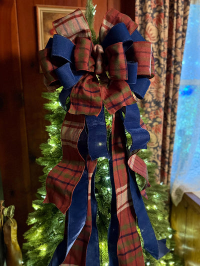 The Kieran Navy & Brown Tartan Plaid Christmas Tree Topper Bow, XL traditional christmas bow, oversize bow with long streamers, Lodge Cabin