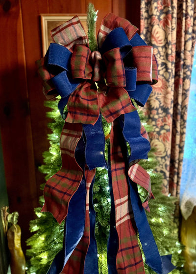 The Kieran Navy & Brown Tartan Plaid Christmas Tree Topper Bow, XL traditional christmas bow, oversize bow with long streamers, Lodge Cabin