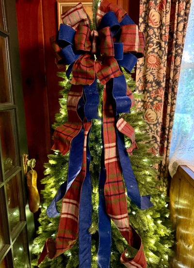 The Kieran Navy & Brown Tartan Plaid Christmas Tree Topper Bow, XL traditional christmas bow, oversize bow with long streamers, Lodge Cabin