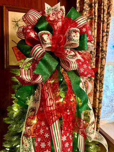 Saint Nick Christmas Tree Topper Bow, Red White Green bow, Cottage style bow for wreath, long streamer christmas tree bow