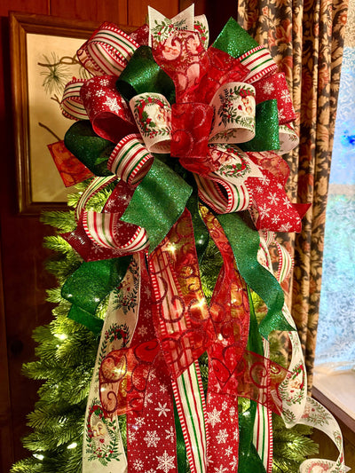 Saint Nick Christmas Tree Topper Bow, Red White Green bow, Cottage style bow for wreath, long streamer christmas tree bow