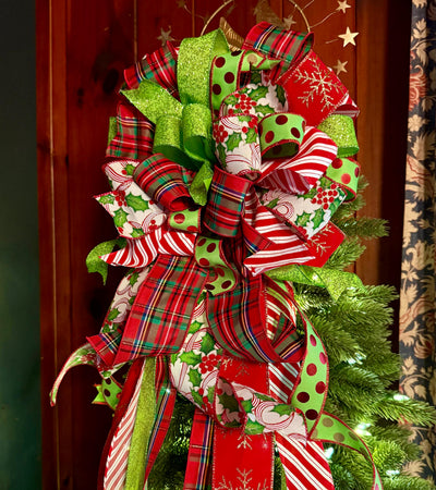 The Rachel Red White Lime Green Christmas Tree Bow, Whimsical Polka Dot Christmas Tree Topper Bow, Plaid Long Streamer Bow