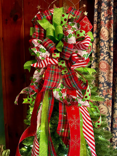 The Rachel Red White Lime Green Christmas Tree Bow, Whimsical Polka Dot Christmas Tree Topper Bow, Plaid Long Streamer Bow