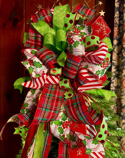 The Rachel Red White Lime Green Christmas Tree Bow, Whimsical Polka Dot Christmas Tree Topper Bow, Plaid Long Streamer Bow