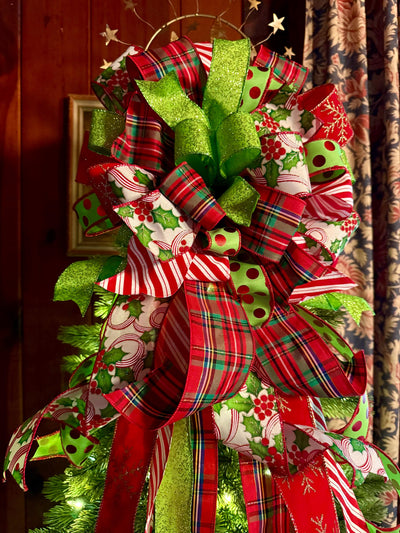 The Rachel Red White Lime Green Christmas Tree Bow, Whimsical Polka Dot Christmas Tree Topper Bow, Plaid Long Streamer Bow