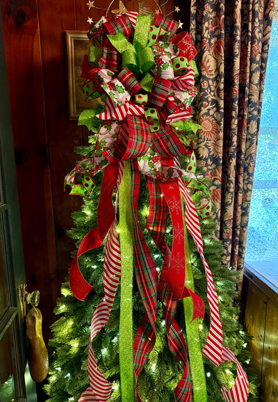The Rachel Red White Lime Green Christmas Tree Bow, Whimsical Polka Dot Christmas Tree Topper Bow, Plaid Long Streamer Bow