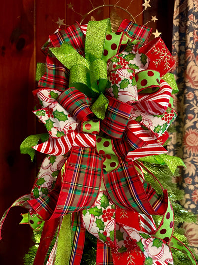 The Rachel Red White Lime Green Christmas Tree Bow, Whimsical Polka Dot Christmas Tree Topper Bow, Plaid Long Streamer Bow