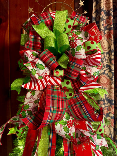 The Rachel Red White Lime Green Christmas Tree Bow, Whimsical Polka Dot Christmas Tree Topper Bow, Plaid Long Streamer Bow