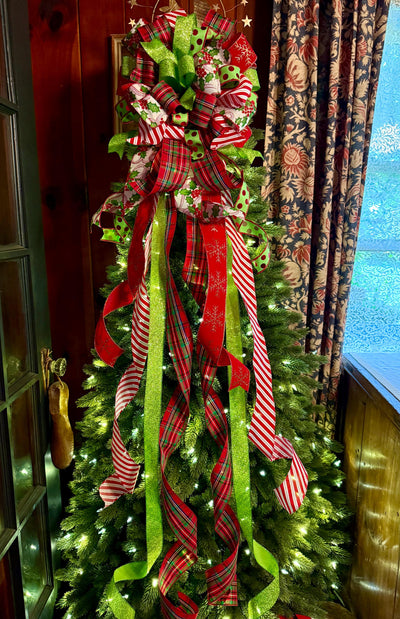 The Rachel Red White Lime Green Christmas Tree Bow, Whimsical Polka Dot Christmas Tree Topper Bow, Plaid Long Streamer Bow