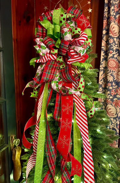 The Rachel Red White Lime Green Christmas Tree Bow, Whimsical Polka Dot Christmas Tree Topper Bow, Plaid Long Streamer Bow