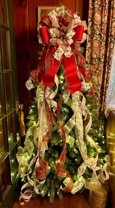 The Althea Red Green & Gold Christmas Tree Topper Bow, XL plaid bow, long streamer ribbon topper, wreath bow, gold christmas tree bow