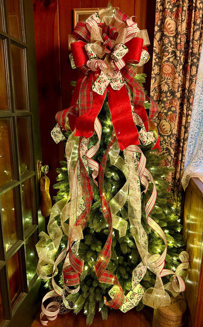 The Althea Red Green & Gold Christmas Tree Topper Bow, XL plaid bow, long streamer ribbon topper, wreath bow, gold christmas tree bow