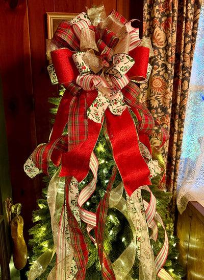 The Althea Red Green & Gold Christmas Tree Topper Bow, XL plaid bow, long streamer ribbon topper, wreath bow, gold christmas tree bow