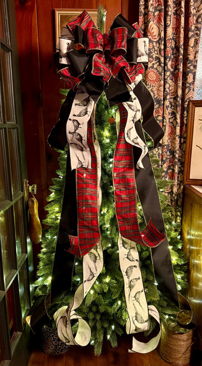 The Dorian Red Black & Gold Tartan Plaid Christmas Tree Topper Bow, XL luxury Pheasant themed topper for tree, Masculine traditional bow