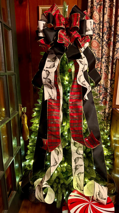 The Dorian Red Black & Gold Tartan Plaid Christmas Tree Topper Bow, XL luxury Pheasant themed topper for tree, Masculine traditional bow