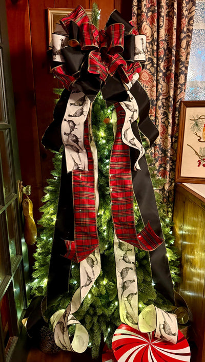 The Dorian Red Black & Gold Tartan Plaid Christmas Tree Topper Bow, XL luxury Pheasant themed topper for tree, Masculine traditional bow