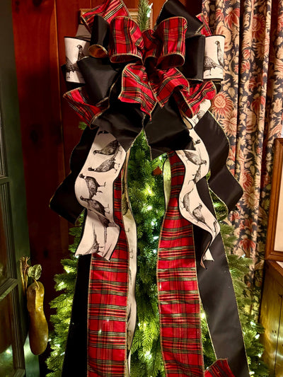 The Dorian Red Black & Gold Tartan Plaid Christmas Tree Topper Bow, XL luxury Pheasant themed topper for tree, Masculine traditional bow