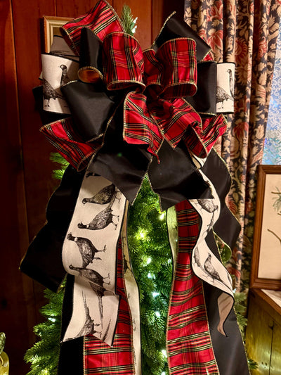 The Dorian Red Black & Gold Tartan Plaid Christmas Tree Topper Bow, XL luxury Pheasant themed topper for tree, Masculine traditional bow