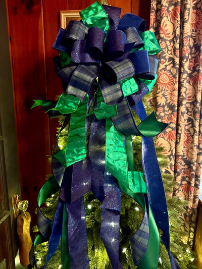 The Elsbeth Navy Blue & Green Christmas Tree Topper Bow, Plaid Luxury Bow, Sparkly velvet ribbon topper, XL tree topper bow