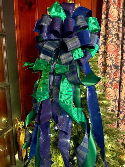 The Elsbeth Navy Blue & Green Christmas Tree Topper Bow, Plaid Luxury Bow, Sparkly velvet ribbon topper, XL tree topper bow