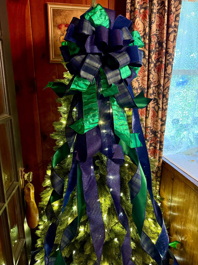 The Elsbeth Navy Blue & Green Christmas Tree Topper Bow, Plaid Luxury Bow, Sparkly velvet ribbon topper, XL tree topper bow