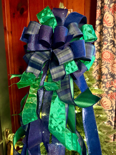 The Elsbeth Navy Blue & Green Christmas Tree Topper Bow, Plaid Luxury Bow, Sparkly velvet ribbon topper, XL tree topper bow