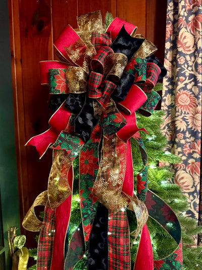 The Alastair Red Black & Gold Tartan Plaid Christmas Tree Topper Bow, XL luxury velvet topper for tree, Masculine traditional bow