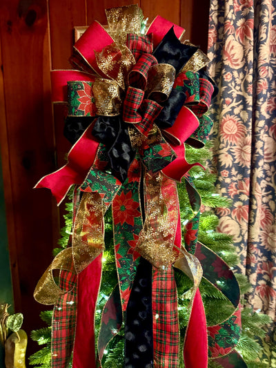 The Alastair Red Black & Gold Tartan Plaid Christmas Tree Topper Bow, XL luxury velvet topper for tree, Masculine traditional bow