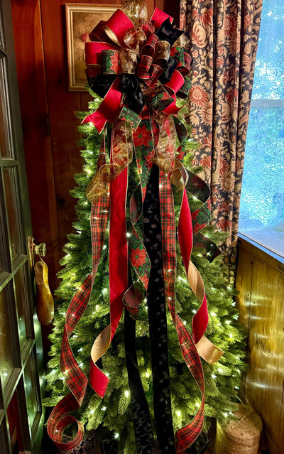 The Alastair Red Black & Gold Tartan Plaid Christmas Tree Topper Bow, XL luxury velvet topper for tree, Masculine traditional bow