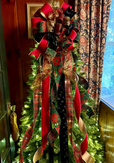 The Alastair Red Black & Gold Tartan Plaid Christmas Tree Topper Bow, XL luxury velvet topper for tree, Masculine traditional bow