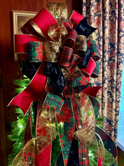 The Alastair Red Black & Gold Tartan Plaid Christmas Tree Topper Bow, XL luxury velvet topper for tree, Masculine traditional bow