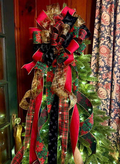 The Alastair Red Black & Gold Tartan Plaid Christmas Tree Topper Bow, XL luxury velvet topper for tree, Masculine traditional bow