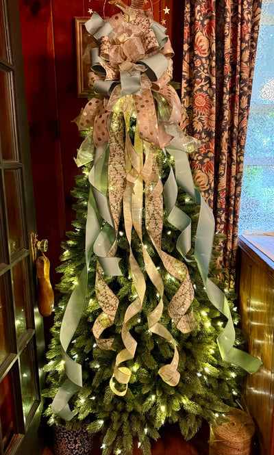 The Ursula Luxury Christmas Tree Topper Bow, Champagne Sage Gold Bow, Elegant Holiday Ribbon Topper, Handmade Christmas Tree Decoration