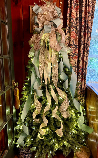 The Ursula Luxury Christmas Tree Topper Bow, Champagne Sage Gold Bow, Elegant Holiday Ribbon Topper, Handmade Christmas Tree Decoration