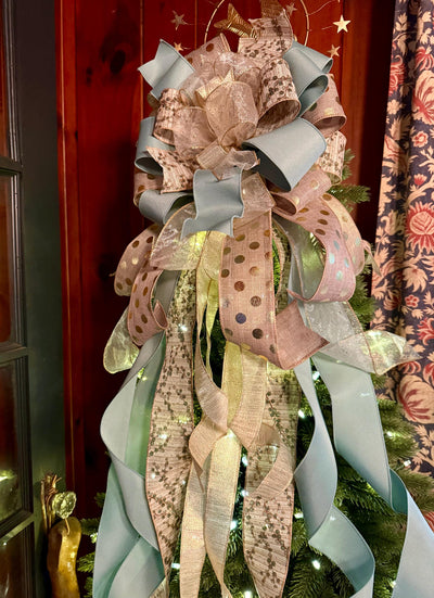 The Ursula Luxury Christmas Tree Topper Bow, Champagne Sage Gold Bow, Elegant Holiday Ribbon Topper, Handmade Christmas Tree Decoration