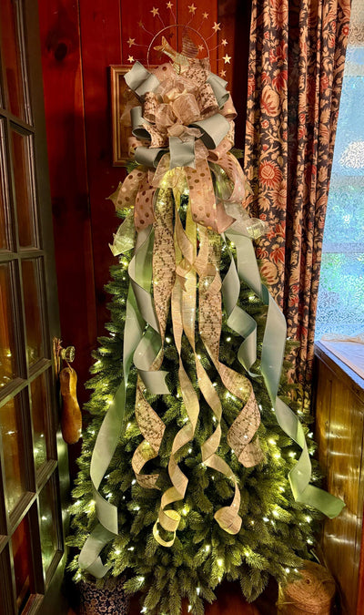 The Ursula Luxury Christmas Tree Topper Bow, Champagne Sage Gold Bow, Elegant Holiday Ribbon Topper, Handmade Christmas Tree Decoration