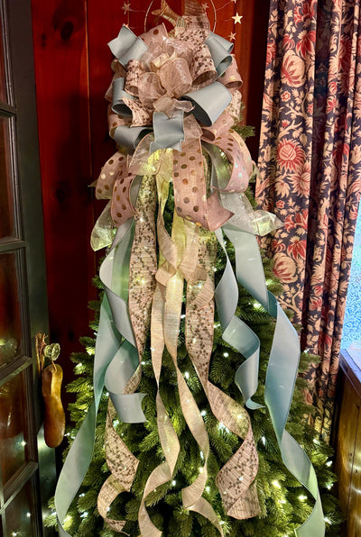 The Ursula Luxury Christmas Tree Topper Bow, Champagne Sage Gold Bow, Elegant Holiday Ribbon Topper, Handmade Christmas Tree Decoration