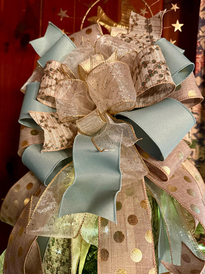 The Ursula Luxury Christmas Tree Topper Bow, Champagne Sage Gold Bow, Elegant Holiday Ribbon Topper, Handmade Christmas Tree Decoration