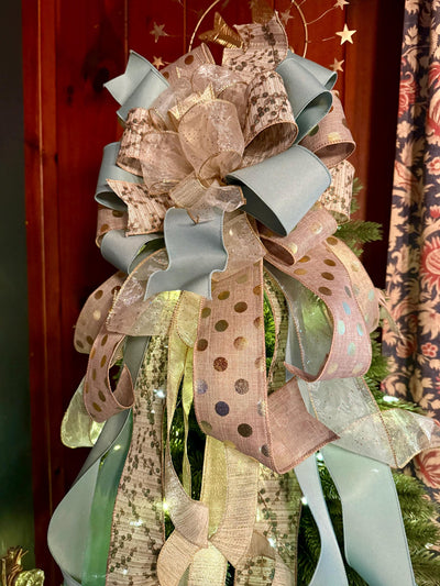 The Ursula Luxury Christmas Tree Topper Bow, Champagne Sage Gold Bow, Elegant Holiday Ribbon Topper, Handmade Christmas Tree Decoration